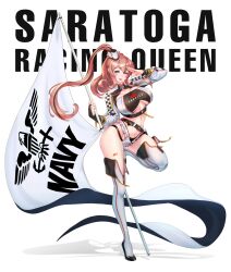 Rule 34 | 1girl, alternate costume, bandeau, belt, black bandeau, black belt, black gloves, black panties, blue eyes, boots, breasts, bridal gauntlets, brown hair, character name, crazyskull, flag, gloves, hair between eyes, high side ponytail, highres, holding, holding flag, huge breasts, kantai collection, long hair, long legs, long sleeves, looking at viewer, micro shorts, multicolored bandeau, open mouth, panties, ponytail, race queen, revealing clothes, salute, saratoga (kancolle), shorts, shrug (clothing), side ponytail, single glove, smile, smokestack hair ornament, solo, standing, standing on one leg, thigh boots, underwear, white bandeau, white boots, white shorts
