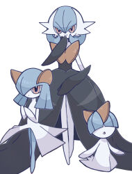 1other 2girls alternate_color black_dress blue_hair blue_skin blunt_bangs bob_cut bowl_cut closed_mouth colored_skin covered_eyes dot_mouth dress elbow_gloves evolutionary_line flat_chest full_body gardevoir gen_3_pokemon gloves hair_between_eyes hair_over_eyes hair_over_one_eye hand_to_own_mouth hand_up hands_up happy kirlia legs_together long_dress looking_at_viewer medium_hair mega_gardevoir mega_pokemon multicolored_skin multiple_girls nintendo one_eye_covered open_mouth orange_eyes own_hands_together pokemon pokemon_(creature) ralts shiny_pokemon short_hair sidelocks simple_background smile split_mouth standing suzu_(pixiv_32232702) two-tone_skin white_background white_skin