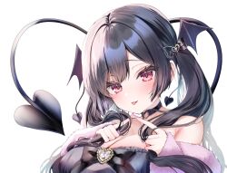 1girl ayuma_sayu black_bow black_choker black_dress black_hair black_tail black_wings blush bow breasts choker closed_mouth collarbone commentary demon_girl demon_tail demon_wings dress fang fingernails gem heart heart_o-ring index_fingers_together jacket large_breasts long_hair long_sleeves nail_polish o-ring o-ring_choker original pink_eyes pink_jacket pink_nails simple_background skin_fang smile solo tail tongue tongue_out white_background white_gemstone wings