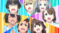 aqua_background asymmetrical_bangs beret black_choker black_eyes black_hair blonde_hair blue-framed_eyewear blue_background blue_ribbon blue_shirt bow braid brown_eyes brown_hair choker clenched_hand clenched_hands closed_eyes collage collared_shirt crown_braid daitoku_junna everyone fingernails fukuda_tomonori game_cg glasses grey_hair hair_between_eyes hair_bow hair_ribbon hat hidaka_subaru highres koujiro_frau light_particles long_hair looking_at_viewer low_twintails multiple_hair_bows official_art open_mouth parted_bangs plaid_clothes plaid_vest purple_background red_background red_eyes red_hair red_ribbon ribbon robotics;notes robotics;notes_dash senomiya_akiho shirt short_hair shoulder_boards shouting sidelocks skirt smile striped_ribbon teeth tennouji_nae tongue twintails upper_teeth_only v-shaped_eyebrows vest white_shirt yashio_kaito yellow_background yellow_eyes yukifune_airi