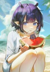 1girl absurdres ani_019 beach blue_eyes closed_mouth commentary day eating english_commentary food fruit highres hololive hololive_english ninomae_ina&#039;nis ocean outdoors pointy_ears purple_hair sand shirt squatting takodachi_(ninomae_ina&#039;nis) tentacle_hair virtual_youtuber watermelon watermelon_seeds watermelon_slice white_shirt
