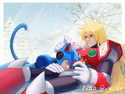 Rule 34 | 2boys, absurdres, animal ears, armor, blonde hair, blue armor, blue eyes, blue helmet, cat boy, cat ears, cat tail, chest jewel, closed eyes, helmet, highres, long hair, male focus, mega man (series), mega man x (series), multiple boys, nao (gatita), no headwear, red armor, snow, tail, twitter username, winter, x (mega man), zero (mega man)