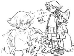 blonde_hair blue_eyes child chris_thorndyke fox gloves humanization misuta710 multiple_tails sega shoes short_hair shorts shota sitting smile socks sonic_(series) sonic_x sweater tail tails_(sonic) tms_entertainment traditional_media two_tails