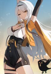 1girl absurdres arms_up bird black_bird black_shorts black_sleeves breasts cleavage cowboy_shot detached_sleeves gradient_background hair_ornament hairclip high-waist_shorts highres jacket large_breasts long_hair one_eye_closed shorts single_sleeve solo stretching thomas_8000 white_hair yellow_jacket yixuan_(zenless_zone_zero) zenless_zone_zero