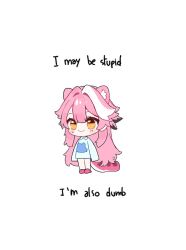 Rule 34 | 1girl, animal ears, bad id, bad twitter id, blue shirt, blush, chibi, chibi only, closed mouth, commentary, english commentary, english text, extra ears, hair intakes, hololive, hololive english, long hair, long sleeves, multicolored hair, panther ears, panther girl, panther tail, pink hair, pink slippers, raora panthera, raora panthera (artist), self-portrait, shirt, simple background, sleeves past fingers, sleeves past wrists, slippers, smile, solo, streaked hair, tail, thighs, two-tone hair, virtual youtuber, white background, white hair, yellow eyes