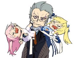 Rule 34 | 1boy, 2girls, action taimanin, age difference, blonde hair, blue bodysuit, bodysuit, carrying, carrying person, clenched hands, closed eyes, clothes pull, crying, demon girl, disgust, dress, edwin black, expressionless, father and daughter, felicia (taimanin kurenai), grabbing another&#039;s hair, grey hair, hair ribbon, holding another&#039;s hair, jacket, jacket pull, long hair, multiple girls, open mouth, ribbon, sad, shinganji kurenai, short hair, siblings, sisters, stomping, taimanin (series), taimanin kurenai, taimanin rpgx, taimanun, tantrum, transparent background, twintails, two side up, wavy mouth, white dress