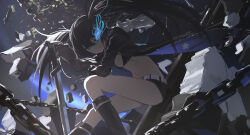 Rule 34 | 1girl, bikini, black bikini, black boots, black jacket, black rock shooter, black rock shooter (character), blue eyes, boots, breasts, cleavage, closed mouth, glowing, glowing eye, highres, jacket, long hair, looking at viewer, navel, open clothes, open jacket, sidelocks, solo, stomach, swimsuit, twintails, very long hair, wiersa