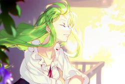 1girl c.c. closed_eyes code_geass creayus dress female_focus geass green_hair long_hair smile solo sunlight tattoo