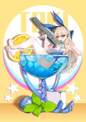 1girl absurdres animal_ears armpits assault_rifle bare_shoulders blonde_hair blue_archive blue_bow blue_eyes blue_leotard blue_ribbon blush bow breasts bullpup caseless_firearm cocktail cocktail_glass cup detached_collar drinking_glass fake_animal_ears food fruit full_body gun h&amp;k_g11 hairband high-capacity_magazine high_heels highres horizontal_magazine ice ice_cube in_container in_cup lemon lemon_slice leotard long_hair looking_at_viewer medium_breasts mini_person minigirl mint no_shoes official_alternate_costume partially_submerged playboy_bunny rabbit_ears ribbon rifle shoes sitting smile solo strapless strapless_leotard thighhighs toki_(blue_archive) toki_(bunny)_(blue_archive) unworn_shoes v very_long_hair water weapon white_thighhighs wrist_cuffs xg_epee