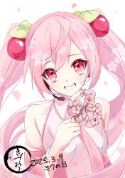 1girl absurdres branch cherry_blossoms cherry_hair_ornament falling_petals floral_print flower food-themed_hair_ornament grin hair_ornament hatsune_miku highres holding holding_branch holding_flower kimiori_(yuapple241) necktie pale_skin petals pink_eyes pink_flower pink_hair pink_necktie pink_sleeves plant sakura_miku smile solo twintails vocaloid white_background