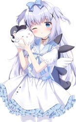 1girl ;t angora_rabbit animal animal_bag backpack bag black_choker blue_bow blue_bowtie blue_eyes blue_sailor_collar blush bow bowtie choker closed_mouth commentary_request dress frilled_sailor_collar frills gochuumon_wa_usagi_desu_ka? hair_bow hair_ornament highres holding holding_animal jewelry kafuu_chino long_hair looking_at_viewer necklace one_eye_closed pantyhose pizzzica puffy_short_sleeves puffy_sleeves purple_hair rabbit sailor_collar sailor_dress short_sleeves sidelocks simple_background solo tippy_(gochiusa) two_side_up very_long_hair white_background white_dress white_pantyhose x_hair_ornament
