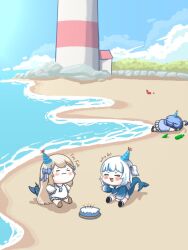 3girls :3 ahoge animal animal_costume birthday_cake blonde_hair blue_hair blue_hoodie blunt_bangs bottle bow cake crab design_speculation drunk ebi-chan_(gawr_gura) fins fish_girl fish_tail food gawr_gura gawr_gura_(1st_costume) hair_bow hair_ornament hat highres hololive hololive_english hood hoodie indie_virtual_youtuber long_hair medium_hair multicolored_hair multiple_girls open_mouth party_hat rinfocer sameko_saba senzawa shark_costume shark_girl shark_hair_ornament shark_print shark_tail shirt short_hair skirt smile star_(symbol) star_hair_ornament streaked_hair tail virtual_youtuber voice_actor_connection