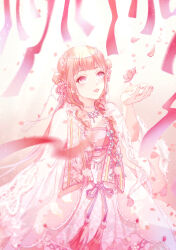 1girl absurdres bead_choker beads blunt_bangs braid catching character_request chinese_clothes circlet commentary confeitoo cowboy_shot double_bun eyelashes falling_petals flower gradient_background hair_beads hair_bun hair_flower hair_ornament hanfu highres lace-trimmed_sleeves lace_trim light_particles lipstick long_hair long_sleeves looking_up makeup nail_polish nikki_(series) open_mouth outstretched_hand petals pink_background pink_eyes pink_flower pink_hair pink_hanfu pink_lips pink_nails purple_ribbon ribbon robe shining_nikki side_braids smile solo standing streamers tassel twin_braids upturned_eyes very_long_hair waist_ribbon white_background white_robe wide_sleeves