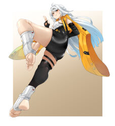 Rule 34 | 1girl, ass, black gloves, black shorts, black thighhighs, brown background, eiji (eiji), fingerless gloves, gloves, gradient background, hair between eyes, high-waist shorts, highres, jacket, kuji-in, long hair, shirt, shorts, single thighhigh, stirrup footwear, thigh strap, thighhighs, very long hair, white hair, white shirt, yellow eyes, yellow jacket, yixuan (zenless zone zero), zenless zone zero