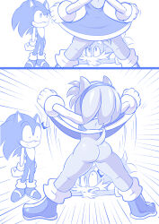 1girl 2boys :c :o absurdres amy_rose ass ass_focus back bare_legs boots bottomless bracelet bulma child clothes_lift dragon_ball dress dress_lift flashing flashing_pussy fox furry gloves hair_ornament hairband hedgehog highres huge_ass jewelry legs medium_hair multiple_boys multiple_tails no_panties parody sega sheecktor shoes shota sonic_(series) sonic_the_hedgehog surprised tail tails_(sonic) two_tails