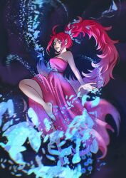 barefoot dowon_(tower_of_god) dress highres long_hair open_mouth pink_dress pink_eyes pink_hair ponytail sleeveless sleeveless_dress tower_of_god very_long_hair
