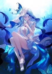 1girl armlet bare_legs bare_shoulders blue_butterfly blue_hair blue_nails blue_veil breasts bug butterfly butterfly_on_hand celtreny commentary dress hashtag-only_commentary highres insect jewelry large_breasts legs long_hair nail_polish sandals shorekeeper_(wuthering_waves) sleeveless sleeveless_dress solo toenail_polish toenails toes two-tone_veil veil white_dress white_veil wuthering_waves