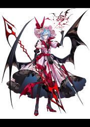1girl absurdres bat_wings black_pantyhose black_wings blue_hair bow brooch closed_mouth collared_dress commentary_request dress flower frilled_dress frilled_sleeves frills full_body hat hat_bow hat_flower high_collar high_heels highres holding holding_polearm holding_weapon jewelry koumajou_densetsu koumajou_densetsu_1 layered_sleeves letterboxed lily_(flower) looking_at_viewer mob_cap nubezon pantyhose partial_commentary pink_hat polearm red_bow red_brooch red_eyes red_sash red_shoes remilia_scarlet sash shoes short_hair simple_background simple_bat solo spear spear_the_gungnir standing touhou weapon white_background white_flower wings