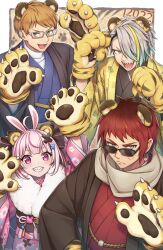 1girl 2022 3boys animal_ears animal_hands arm_up bans black_kimono blue_eyes blue_kimono blush border brown_hair brown_scarf chinese_zodiac closed_mouth commentary_request dice dice_earrings earrings extra_ears facial_scar fake_animal_ears floating_earring frown fur-trimmed_kimono fur_trim gatchmanv glasses gloves gradient_hair grin hair_over_one_eye hand_on_own_hip hand_up hands_up haori highres indie_virtual_youtuber japanese_clothes jewelry kimono long_bangs long_sleeves looking_at_viewer looking_over_eyewear maasa multicolored_eyes multicolored_hair multiple_boys one_eye_covered open_mouth outside_border paw_gloves paw_pose pink_eyes pink_kimono print_kimono rabbit_ears red_eyes red_hair red_kimono scar scar_on_cheek scar_on_face scarf sharp_teeth short_hair smile streaked_hair sunglasses symbol-shaped_eyes teeth tenkai_tsukasa tiger_ears tomari_mari utai_meika v-shaped_eyebrows virtual_youtuber white_border wide_sleeves year_of_the_tiger yellow_eyes