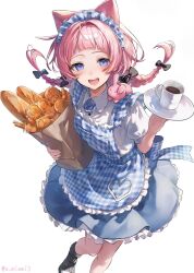 1girl :d alternate_costume animal animal_ears animal_on_shoulder apron arched_bangs back_bow bag baguette black_bow blue_apron blue_flower blue_headdress blue_skirt blush bow braid bread breasts character-themed_food churro collared_shirt commentary_request croissant cup dress enmaided floating_hair flower food foot_out_of_frame frilled_apron frilled_skirt frills gingham gingham_apron hair_bow highres higuchi_kaede holding holding_bag holding_tray hoshikawa_sara kanae_(nijisanji) kemonomimi_mode knees_together_feet_apart leos_vincent long_hair looking_at_viewer maid maid_headdress nanajigen_seitokai_(nijisanji) nijisanji nijisanji_gta open_mouth oumiomi pink_hair puffy_short_sleeves puffy_sleeves purple_eyes rabbit ryuushen saegusa_akina saucer shirt short_sleeves simple_background skirt small_breasts smile solo standing suo_sango teacup teeth tray twin_braids twitter_username upper_teeth_only virtual_youtuber white_background white_shirt