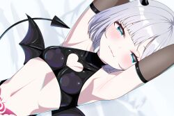 1girl armpits arms_up black_gloves black_shirt black_wings blue_eyes blush breasts close-up clothing_cutout collarbone commentary_request crop_top demon_girl demon_horns demon_tail demon_wings elbow_gloves gloves grey_hair half-closed_eyes heart_cutout highres horns kaga_sumire latex looking_at_viewer lying medium_hair mole mole_under_eye navel omas_lie pubic_tattoo shirt sleeveless sleeveless_shirt small_breasts solo tail tattoo tongue tongue_out virtual_youtuber vspo! wings