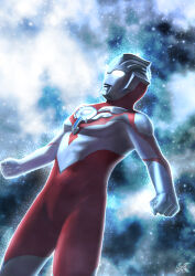 1boy alien artist_logo black_skin clenched_hands color_timer colored_skin commentary compound_eyes cowboy_shot dorsal_fin dutch_angle from_side galaxy galaxy_background glowing glowing_eyes highres kazuzu-art legs_apart logo looking_ahead looking_up male_focus multicolored_skin nebula pectorals red_skin silver_skin sky solo space standing star_(sky) starry_sky starry_sky_background tokusatsu toned toned_male ultra_series ultraman_orb ultraman_orb_(series) white_eyes