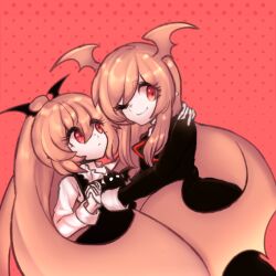 2girls borealis-3 demon_girl funamusea haiiro_teien holding_hands long_hair looking_at_another multiple_girls pink_background pink_eyes pink_hair ponytail raspbel_preserves rawberry_preserves red_eyes smile very_long_hair
