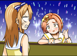 Rule 34 | 2girls, :o, aipin, anger vein, annoyed, arm support, blush, bow, brown hair, clenched teeth, commentary request, constricted pupils, doyagao, dress, fortissimo, glowstick, hair bow, hair ornament, haruse natsumi, highres, idolmaster, idolmaster cinderella girls, idolmaster cinderella girls u149, koichi makoto (artist), long hair, medalist (manga), meme, multiple girls, musical note, musical note hair ornament, orange hair, parody, parted bangs, penlight (glowstick), pointing, ryuzaki kaoru, sailor collar, short hair, sidelocks, sleeveless, sleeveless dress, smug, smug inori (meme), sonidori rioh, sparkle, teeth, thumbs up, voice actor connection, white sailor collar, wristband, yellow dress, yellow eyes, yuitsuka inori, yuuki haru