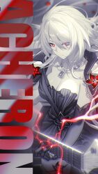 1girl absurdres acheron_(honkai:_star_rail) acheron_(star_rail_live_2025)_(honkai:_star_rail) asymmetrical_gloves black_gloves breasts bright_pupils character_name chinese_commentary chromatic_aberration cleavage closed_mouth commentary_request cowboy_shot elbow_gloves electric_guitar electricity flower gloves guitar highres honkai:_star_rail honkai_(series) instrument jewelry large_breasts limited_palette long_hair looking_at_viewer madyy multicolored_hair necklace official_alternate_costume red_eyes red_flower single_elbow_glove solo streaked_hair uneven_gloves white_hair white_pupils