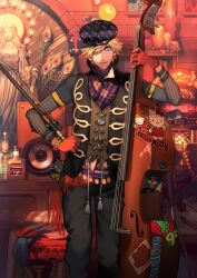 1boy beads black_pants blonde_hair blue_eyes bottle bracelet brick_wall candle cello character_sticker christopher_w_heartland gloves hair_over_one_eye hat hello_kitty hello_kitty_to_issho! instrument jewelry jukebox kurahana_chinatsu layered_sleeves leaking long_sleeves melting microphone mimmy_(hello_kitty) necklace pants peacock_feathers plaid_clothes plaid_scarf red_gloves sanrio scarf seat short_hair short_over_long_sleeves short_sleeves smile speaker sticker vest
