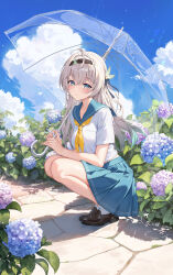 1girl absurdres alternate_costume aqua_sailor_collar aqua_skirt black_hairband black_shoes blue_sky blush closed_mouth cloud cloudy_sky commentary_request day firefly_(honkai:_star_rail) flower grey_hair hairband highres holding holding_umbrella honkai:_star_rail honkai_(series) loafers long_hair looking_at_viewer midriff_peek neckerchief pleated_skirt purple_eyes purple_flower sailor_collar shirt shoes short_sleeves skirt sky smile socks solo squatting transparent transparent_umbrella umbrella white_shirt white_socks yellow_neckerchief yuuichi_yuiko
