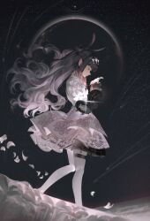 1girl black_hair boots closed_eyes dress dress_flower eclipse fcjfior floating_hair flower from_side gauntlets glint hair_bun hair_ornament highres holding holding_flower hololive hololive_english layered_skirt limited_palette long_hair ninomae_ina&#039;nis ninomae_ina&#039;nis_(ina_the_hero) pointy_ears signature single_gauntlet skirt sky solo star_(sky) starry_sky tentacle_hair thigh_boots thigh_strap virtual_youtuber wavy_hair white_boots white_dress white_flower wind wind_lift
