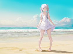 Rule 34 | 1girl, absurdres, bare shoulders, barefoot, beach, cloud, cloudy sky, collarbone, dress, earrings, elf, flat chest, frieren, gibun (sozoshu), green eyes, grey hair, highres, jewelry, long hair, looking at viewer, ocean, pointy ears, ponytail, scenery, sky, sousou no frieren, thighs, twintails, very long hair