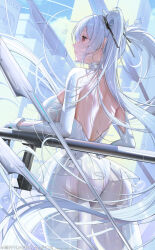 Rule 34 | 1girl, artist name, ass, backless bodysuit, bilibili logo, bodysuit, breasts, bubble, chinese commentary, cinderella (nikke), commentary request, copyright name, cowboy shot, day, floating hair, from behind, goddess of victory: nikke, grey hair, hair ornament, highres, indoors, large breasts, long hair, looking afar, microskirt, pixiv logo, profile, railing, red eyes, see-through clothes, see-through skirt, skin tight, skirt, solo, standing, twintails, twitter x logo, very long hair, watermark, weibo watermark, white bodysuit, yuxing yuhang