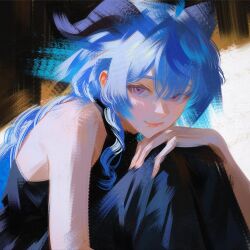 1girl absurdres alternate_costume black_pants black_shirt blue_hair closed_mouth ganyu_(genshin_impact) genshin_impact goat_horns head_on_knees highres horns hugging_own_legs long_hair looking_at_viewer nyte_tyde pants purple_eyes shirt smile solo