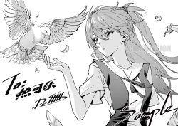1girl artist_name bird commentary_request commissioner_name dollllls2 falling_feathers feathers greyscale hair_between_eyes highres interface_headset_(evangelion) long_hair looking_at_animal looking_to_the_side monochrome neck_ribbon neon_genesis_evangelion parted_lips ribbon sample_watermark school_uniform short_sleeves solo souryuu_asuka_langley tokyo-3_middle_school_uniform upper_body watermark