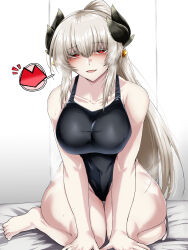 1girl blonde_hair blush breasts competition_swimsuit fate/grand_order fate_(series) heart heart-shaped_pupils highres kiyohime_(fate) large_breasts long_hair looking_at_viewer on_bed one-piece_swimsuit red_eyes smile spoken_heart swimsuit symbol-shaped_pupils tgxx3300 thighs