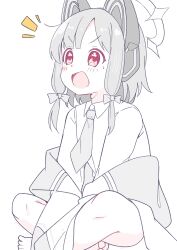 1girl animal_ear_headphones animal_ears barefoot blue_archive blush_stickers bow collared_shirt commentary fake_animal_ears hair_bow halo headphones highres jacket long_hair momoi_(blue_archive) necktie notice_lines off_shoulder okota_mikan open_clothes open_jacket parted_bangs red_eyes shirt simple_background solo spot_color v-shaped_eyebrows white_background