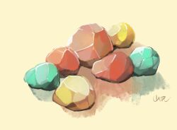 Rule 34 | commentary request, no humans, object focus, original, rock, signature, simple background, still life, yamabuki (haruirokerria), yellow background