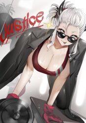 1girl :p ass bandana black_horns black_jacket black_leggings bowing breasts bright_pupils cleavage collarbone commentary_request demon demon_girl demon_horns dumbbell gloves grey_eyes gym helltaker high_heels highres holding holding_dumbbell horns jacket jacket_on_shoulders justice_(helltaker) large_breasts leaning_forward leggings long_sidelocks looking_at_viewer looking_over_eyewear mirror red_bandana red_gloves red_sports_bra reflection short_hair sidelocks solo sports_bra sunglasses sweat teddypocky tongue tongue_out white_eyes white_hair white_pupils writing_on_wall