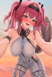 Rule 34 | 1girl, absurdres, armlet, bare shoulders, black bow, blush, bodysuit, bow, breasts, collar, commentary, commonalty, drunk, earrings, hair bow, hair ornament, hairband, headgear, highres, jewelry, large breasts, long hair, looking at viewer, lupa (wuthering waves), metal collar, metal hairband, multiple hair bows, open mouth, outdoors, pink hair, red pupils, smile, solo, squeans, tail, twintails, white bodysuit, wolf tail, wuthering waves, yellow eyes
