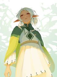 Rule 34 | 1girl, cloak, closed mouth, commentary, dress, earrings, elf, floating earrings, from below, green cloak, highres, jewelry, long sleeves, mushoku tensei, orange eyes, pointy ears, short hair, solo, standing, sylphiette (mushoku tensei), tinivast, twitter username, white dress, white hair