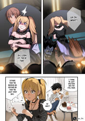 absurdres amane_misa ani_(xai) bare_shoulders black_corset black_dress black_gloves blonde_hair blue_eyes blush breasts choker cleavage coldplay_kiss_cam_(meme) corset death_note dress duc_94 fishnet_thighhighs fishnets gloves goth_fashion highres l_(death_note) lace lace-trimmed_choker lace-trimmed_gloves lace_choker lace_collar lace_trim large_breasts long_hair looking_at_viewer meme off-shoulder_dress off_shoulder open_mouth ryuk thighhighs twintails twitter underwear xai_(company) yagami_light