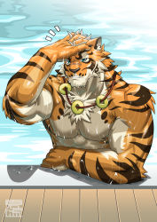 1boy animal_ears bara beige_fur biceps blue_eyes furry furry_male gyee hand_in_own_hair highres jewelry lin_hu_(nekojishi) looking_at_viewer male_focus mature_male monmonhomon muscular muscular_male necklace nekojishi nipples nude orange_fur pectorals pool short_hair solo tiger_boy tiger_ears tiger_stripes upper_body wet