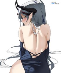 Rule 34 | 1girl, absurdres, all fours, aqua eyes, artist name, ass, backboob, backless dress, backless outfit, blue archive, blue dress, blue gloves, blue hair, blush, breasts, clenched teeth, demon horns, dress, earrings, elbow gloves, from behind, frown, gloves, grey hair, highres, horns, jewelry, large breasts, long hair, looking back, makoto (blue archive), makoto (dress) (blue archive), multicolored hair, nisp art, pointy ears, ponytail, sleeveless, sleeveless dress, solo, sweat, teeth, very long hair, white background