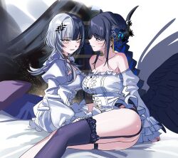 2girls alternate_costume ass asymmetrical_horns black_hair black_wings blunt_bangs breasts center_frills demon_horns detached_sleeves feathered_wings flower frilled_shirt frilled_sleeves frills garter_straps hair_ornament highres hololive hololive_english horn_flower horns large_breasts long_hair looking_at_another low_wings multicolored_hair multiple_girls nerissa_ravencroft puffy_sleeves red_eyes shiori_novella shirt sidelocks single_garter_strap sitting split-color_hair tassel tassel_hair_ornament thigh_strap uneven_horns white_hair white_shirt wings yellow_eyes yomosaka