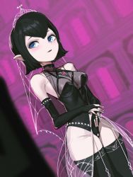 1girl alternate_costume bad_id bad_pixiv_id bare_shoulders black_gloves black_hair black_leotard black_lips black_thighhighs blue_eyes breasts bridal_gauntlets closed_mouth dutch_angle gem gloves goth_fashion highres hotel_transylvania indoors jin_rou leotard mavis_dracula medium_breasts pink_background pointy_ears purple_lips see-through_clothes shiny_clothes shiny_skin short_hair thighhighs tiara
