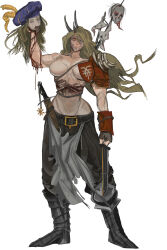 1girl absurdres armor black_pants blood blood_on_hands blue_hat breasts burn_scar commentary exposed_bone facial_scar fingerless_gloves frown full_body gloves greaves guro hat highres holding holding_detached_head holding_weapon horns khorne_berserker kkghost_tv knife_sheath large_breasts multiple_scars nipples no_areolae one_breast_out pants revealing_clothes ribs scar scar_on_arm scar_on_breasts scar_on_cheek scar_on_chest scar_on_face scar_on_neck scar_on_shoulder scar_on_stomach scars_all_over severed_head sheath skull solo too_many warhammer_40k warhammer_fantasy weapon