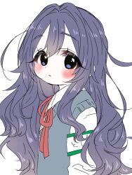 Rule 34 | 1girl, armband, blue eyes, blue hair, blush, collared shirt, double-parted bangs, from side, green armband, green sweater vest, hair between eyes, hair intakes, kimi no koto ga dai dai dai dai daisuki na 100-nin no kanojo, long eyelashes, long hair, long sleeves, looking at viewer, neck ribbon, ohananomitsu high school uniform, parted lips, red ribbon, ribbon, school uniform, shirt, side ahoge, sidelocks, simple background, solo, sweater vest, upper body, very long hair, white background, white shirt, yoshimoto shizuka, yumenobetsu
