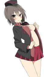 Rule 34 | 10s, 1girl, araki kanao, bad id, bad pixiv id, black hat, black jacket, blush, breasts, brown eyes, brown hair, cowboy shot, dress shirt, dutch angle, female focus, garrison cap, girls und panzer, hat, jacket, kuromorimine military uniform, looking at viewer, medium breasts, military, military hat, military uniform, miniskirt, navel, nishizumi maho, no bra, open clothes, open jacket, open shirt, parted lips, pleated skirt, red shirt, red skirt, shirt, short hair, simple background, skirt, solo, standing, undressing, white background